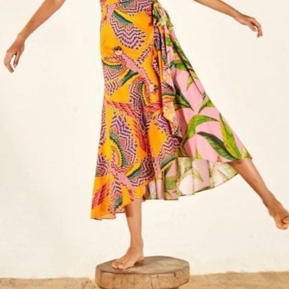 FARM RIO Mixed Prints Beaded Macaw/ Pink Foliage Wrap Skirt XL